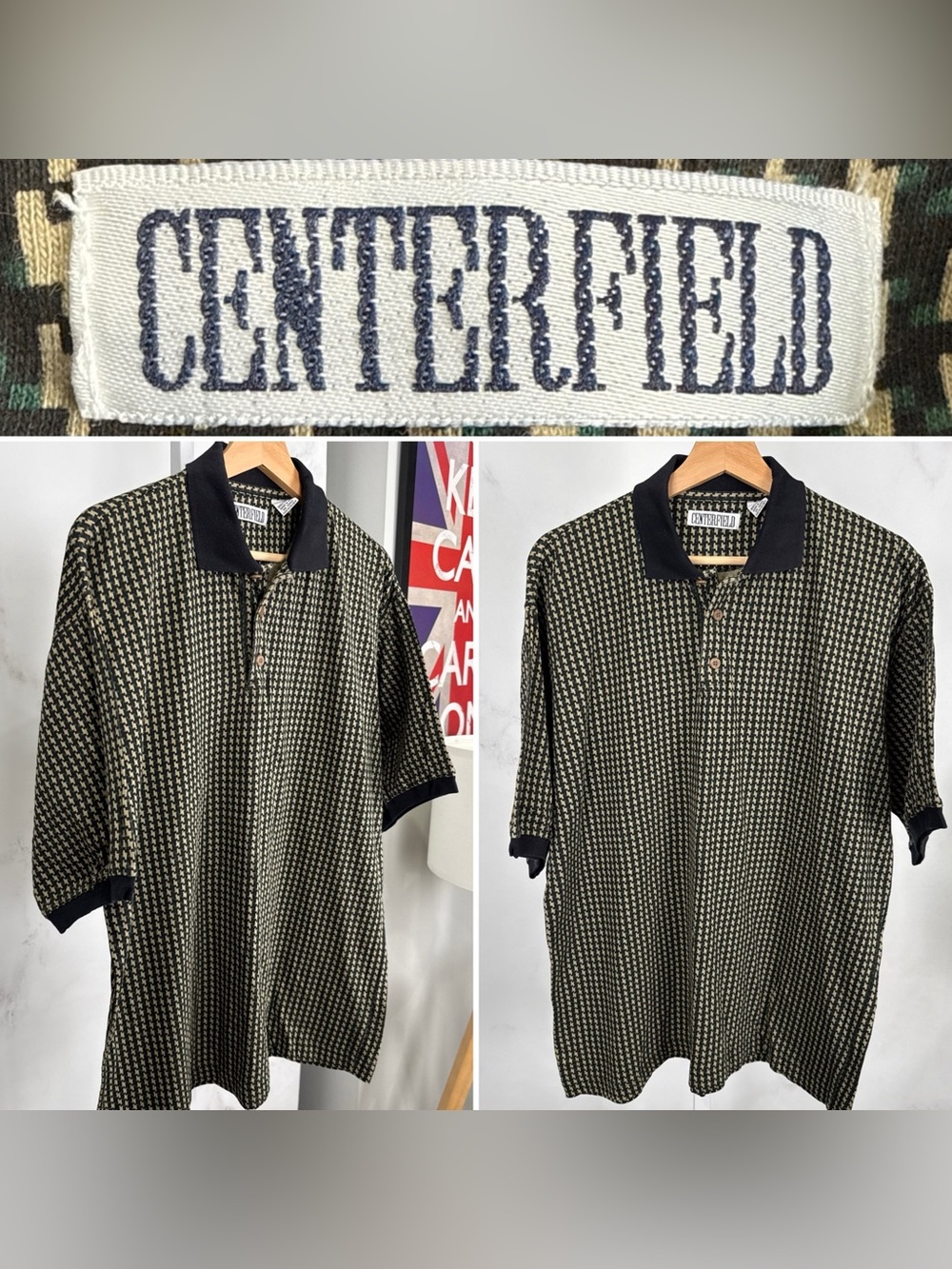 Centerfield Men’s Vintage 100% Cotton Polo Tan/green/black Pattern Size M